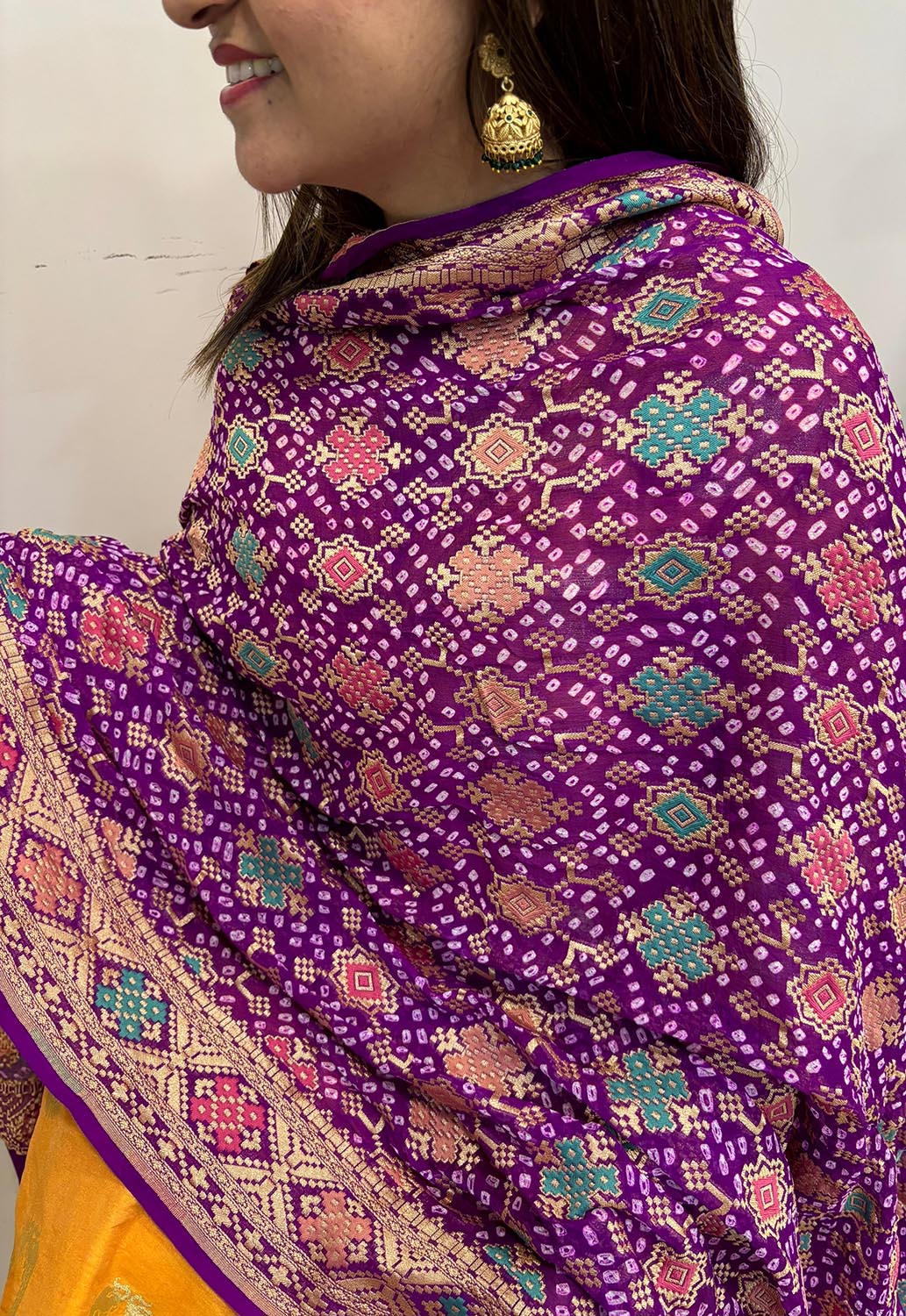 Exquisite Purple Banarasi Bandhani Pure Georgette Meenakari Dupatta - Luxurion World- Crafted Heirlooms