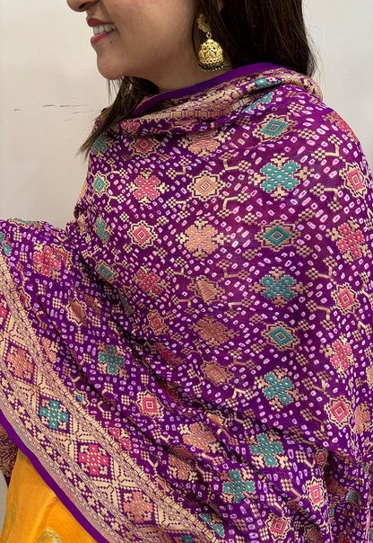 Exquisite Purple Banarasi Bandhani Pure Georgette Meenakari Dupatta - Luxurion World