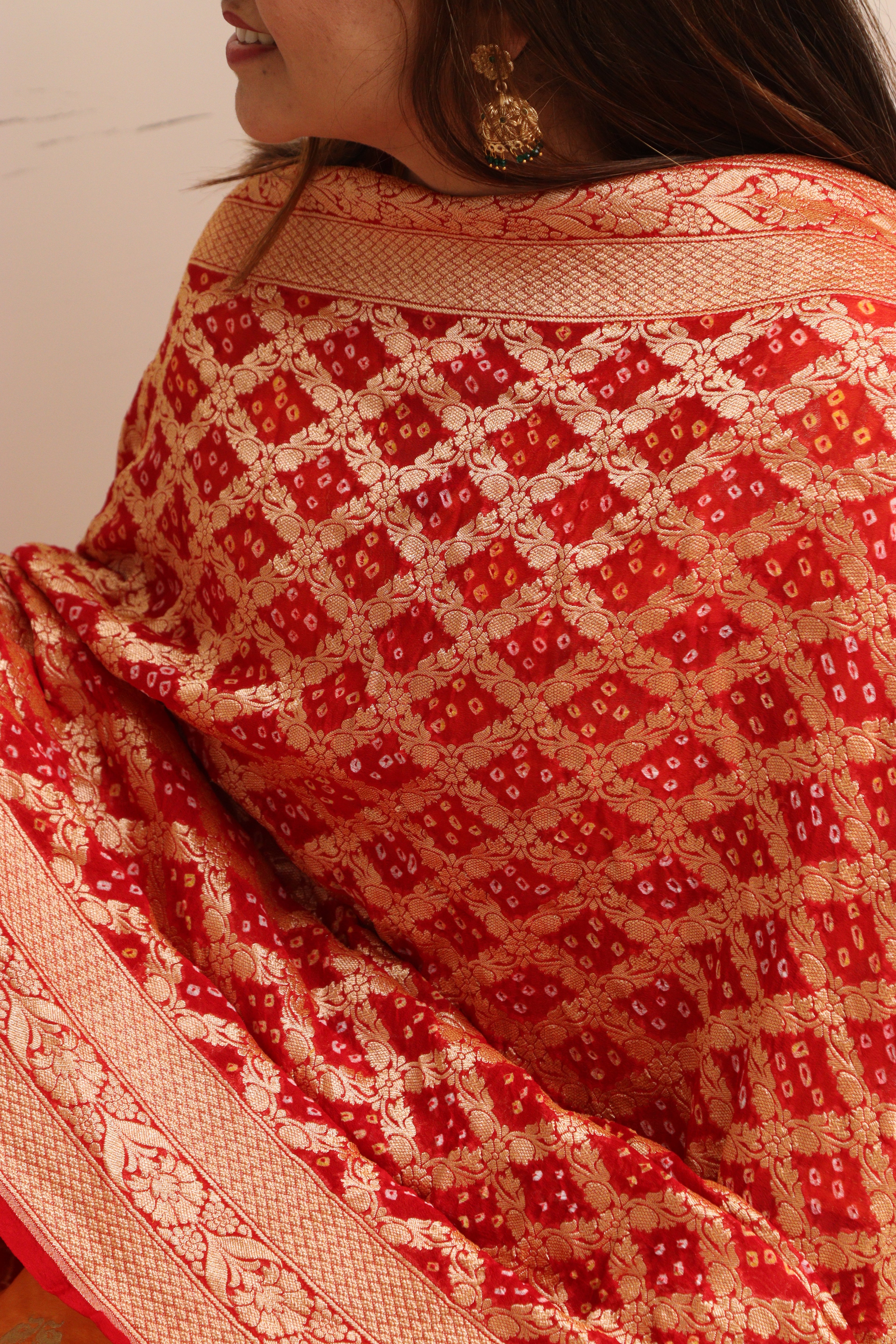 Red Banarasi Bandhani Pure Georgette Dupatta - Luxurion World- Crafted Heirlooms