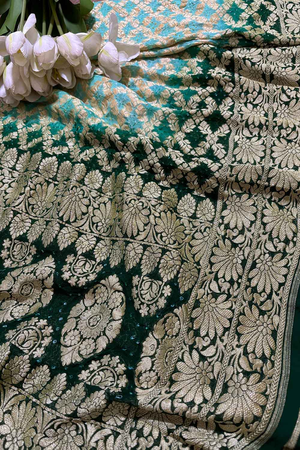 Blue & Green Banarasi Bandhani Pure Georgette Dupatta - Luxurion World- Crafted Heirlooms