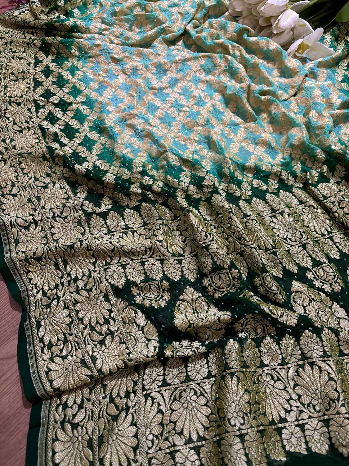 Blue & Green Banarasi Bandhani Pure Georgette Dupatta - Luxurion World- Crafted Heirlooms