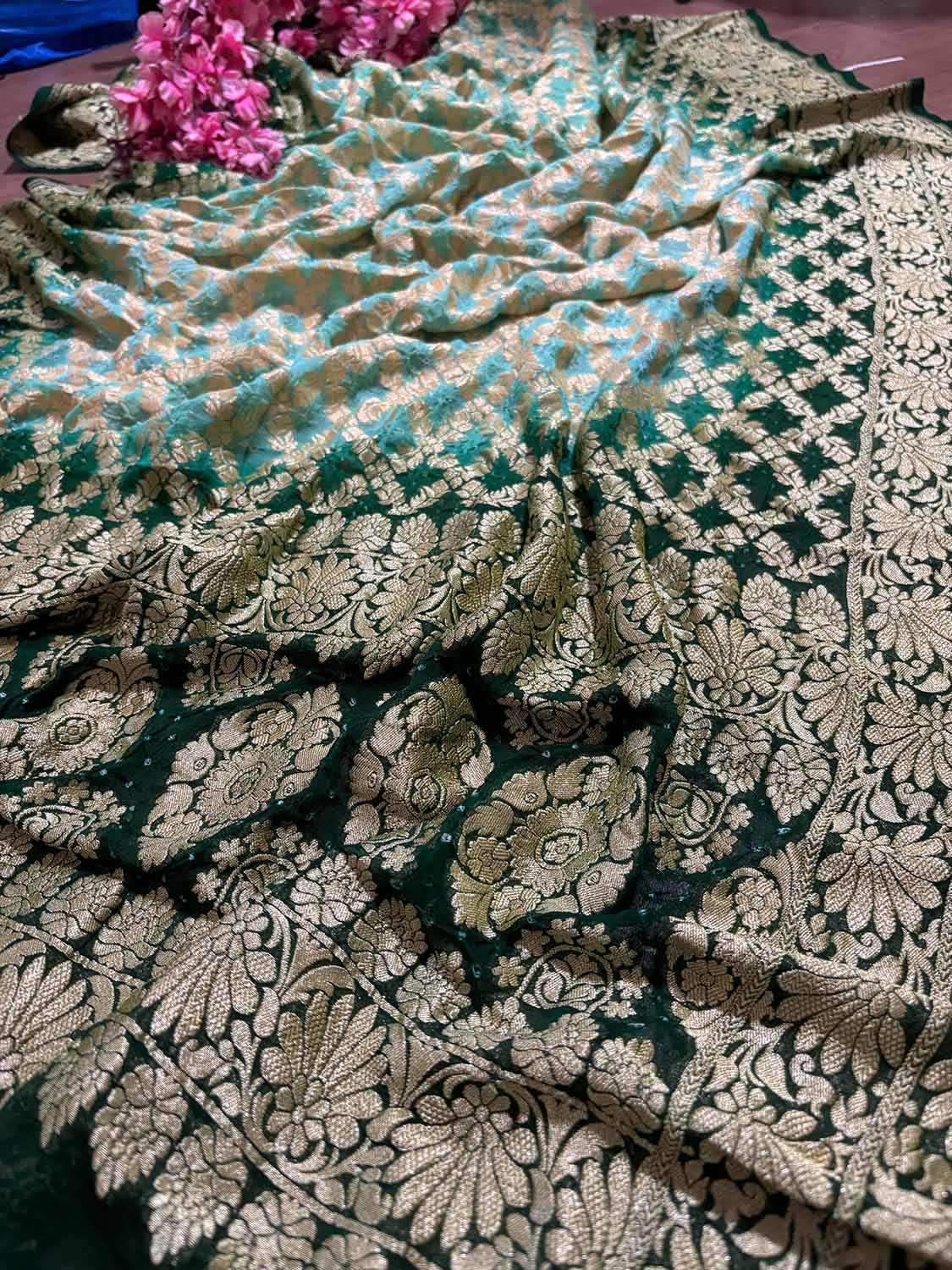 Blue & Green Banarasi Bandhani Pure Georgette Dupatta - Luxurion World- Crafted Heirlooms