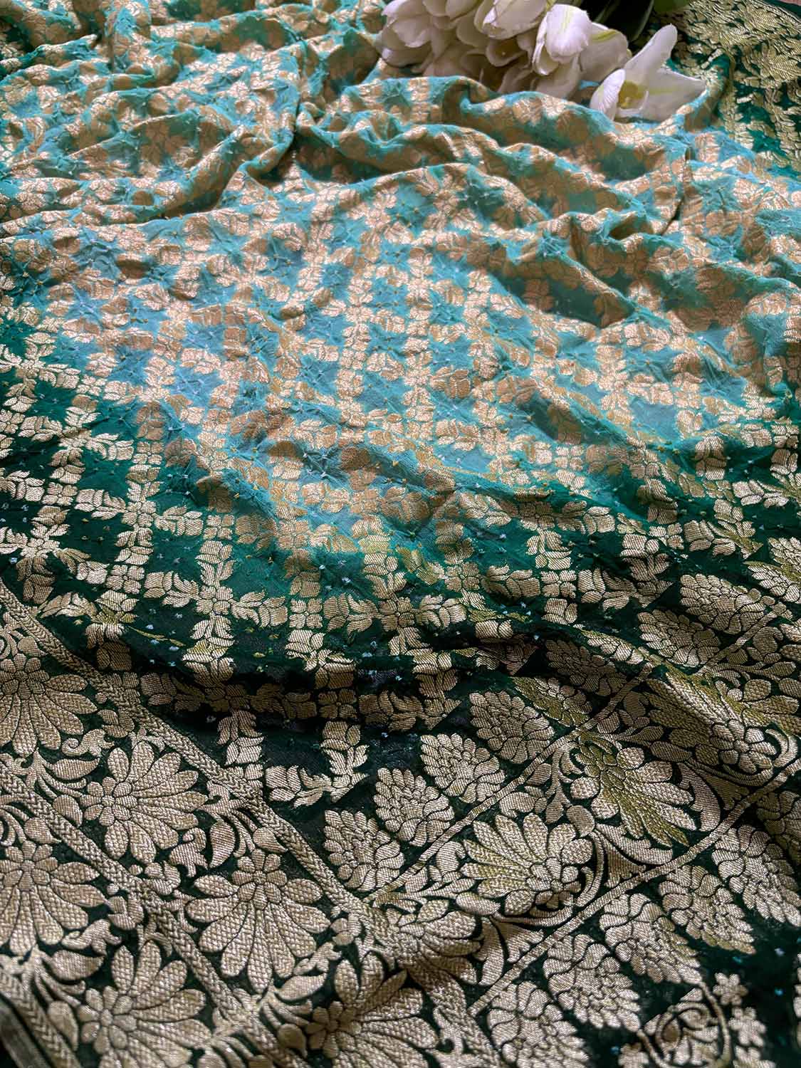 Blue & Green Banarasi Bandhani Pure Georgette Dupatta - Luxurion World- Crafted Heirlooms