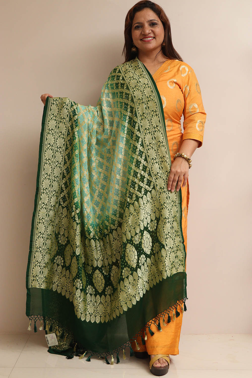 Blue & Green Banarasi Bandhani Pure Georgette Dupatta - Luxurion World- Crafted Heirlooms