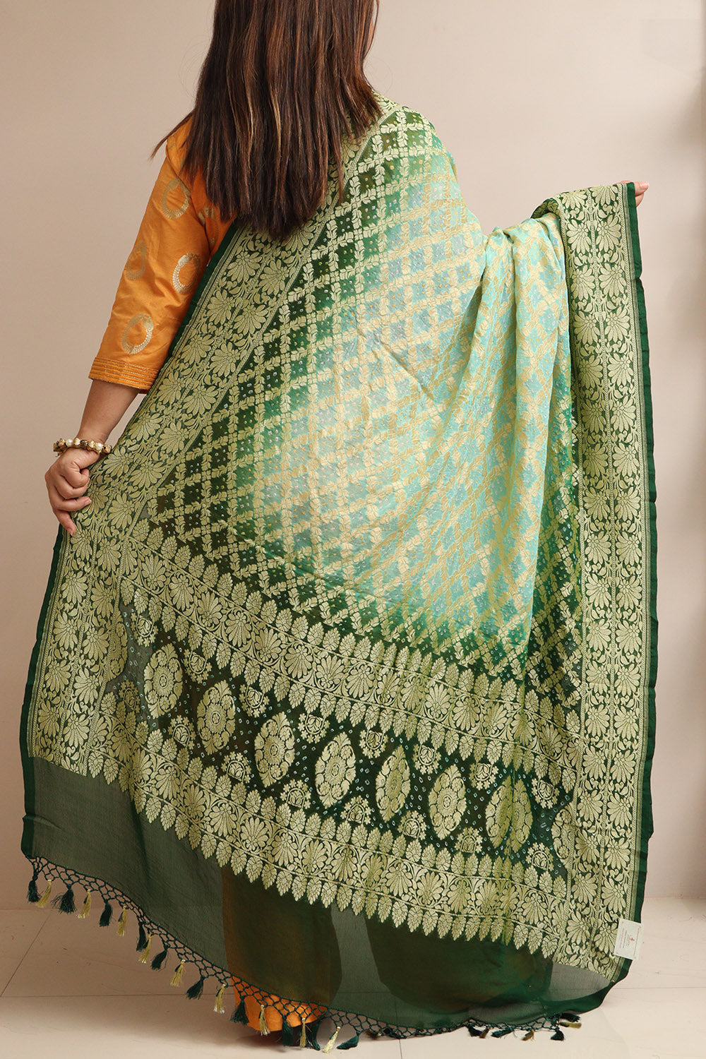Blue & Green Banarasi Bandhani Pure Georgette Dupatta - Luxurion World- Crafted Heirlooms