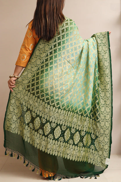 Blue & Green Banarasi Bandhani Pure Georgette Dupatta - Luxurion World