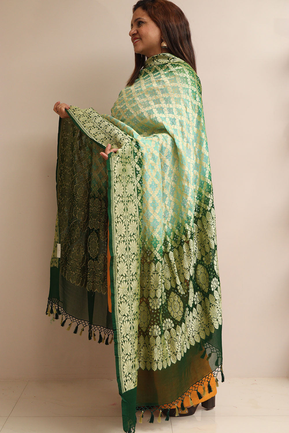 Blue & Green Banarasi Bandhani Pure Georgette Dupatta - Luxurion World- Crafted Heirlooms