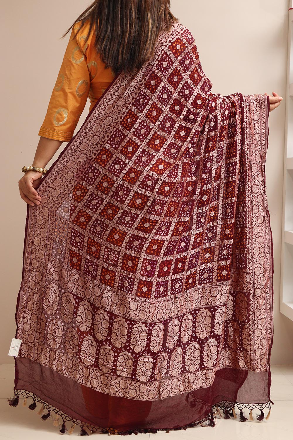 Maroon Banarasi Bandhani Pure Georgette Dupatta - Luxurion World- Crafted Heirlooms