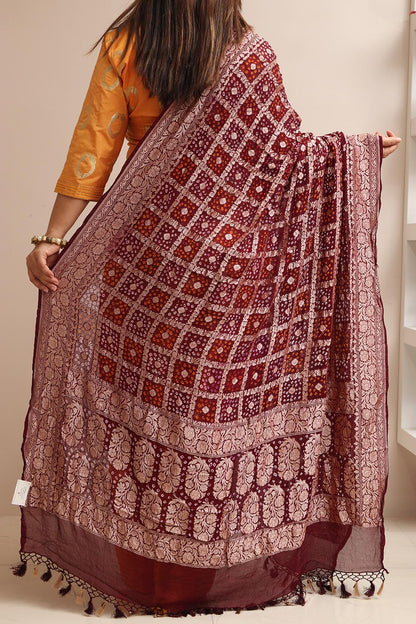 Maroon Banarasi Bandhani Pure Georgette Dupatta - Luxurion World