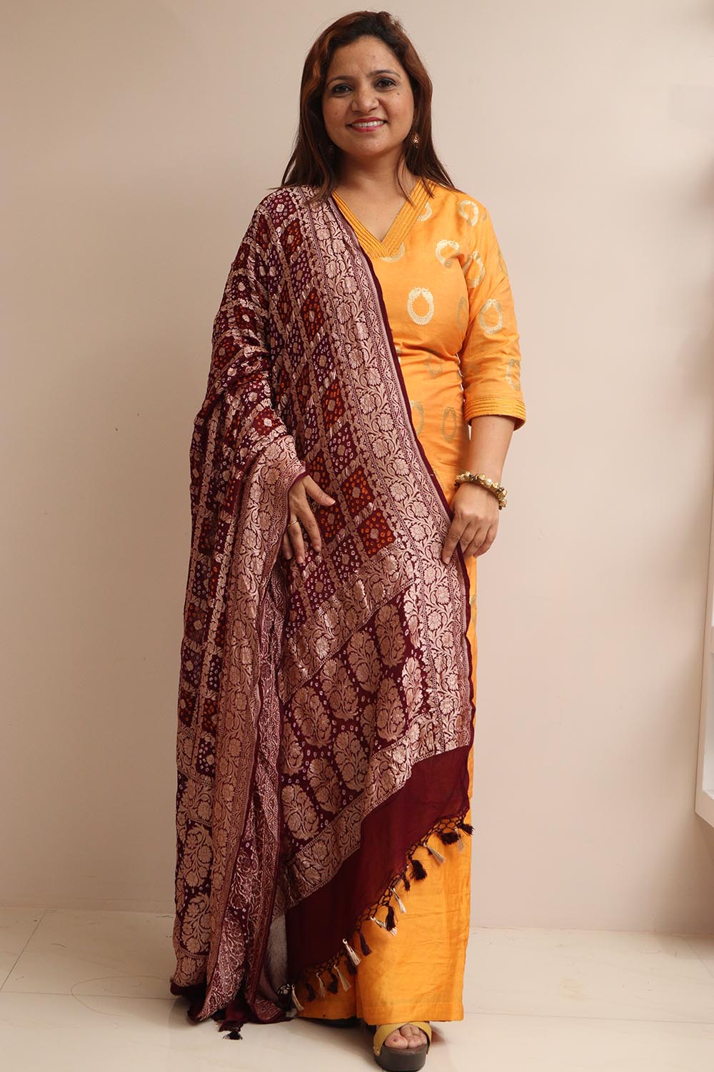 Maroon Banarasi Bandhani Pure Georgette Dupatta - Luxurion World- Crafted Heirlooms