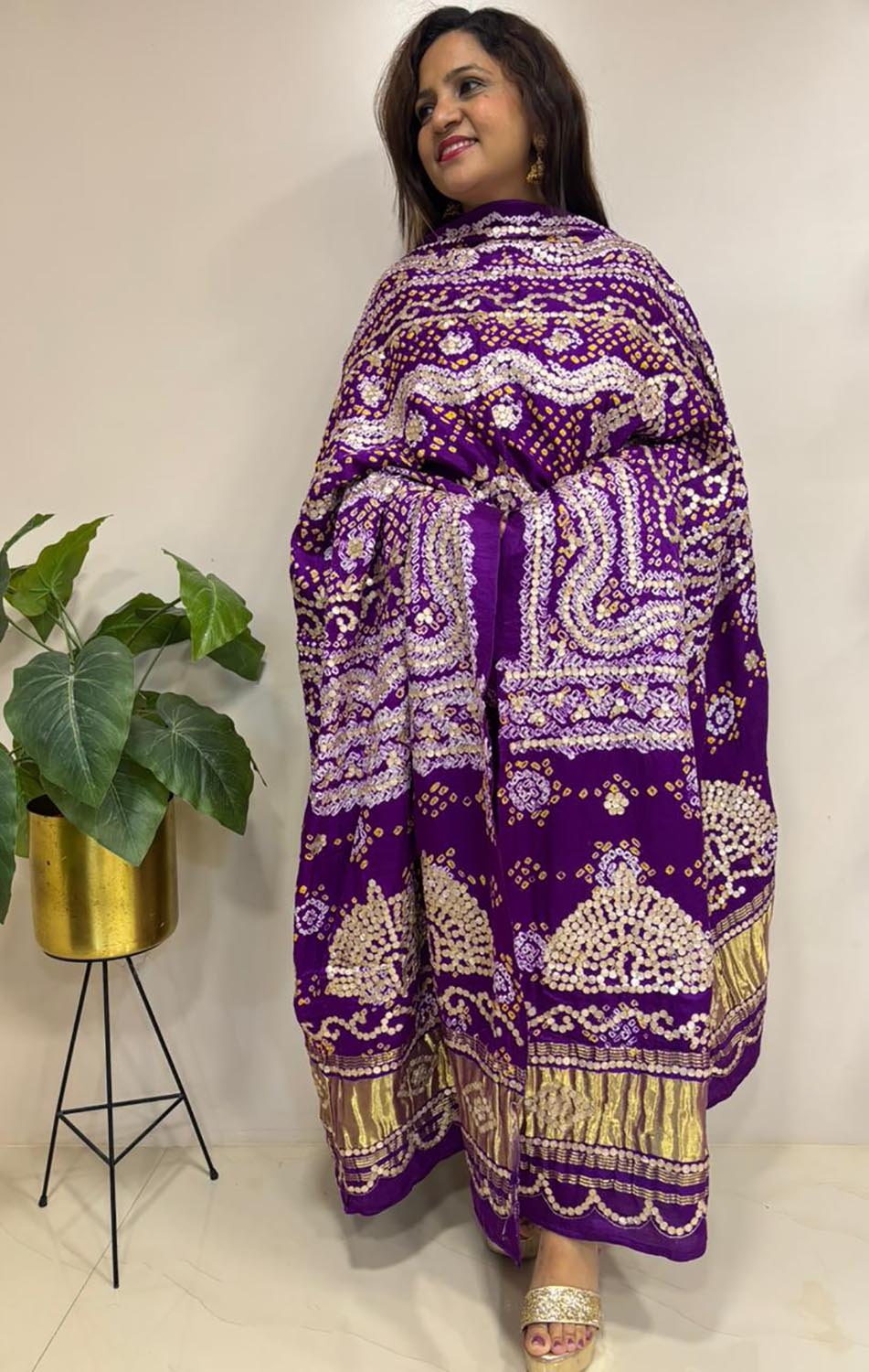 Elegant Purple Bandhani Gota Work Pure Gajji Silk Dupatta - Luxurion World