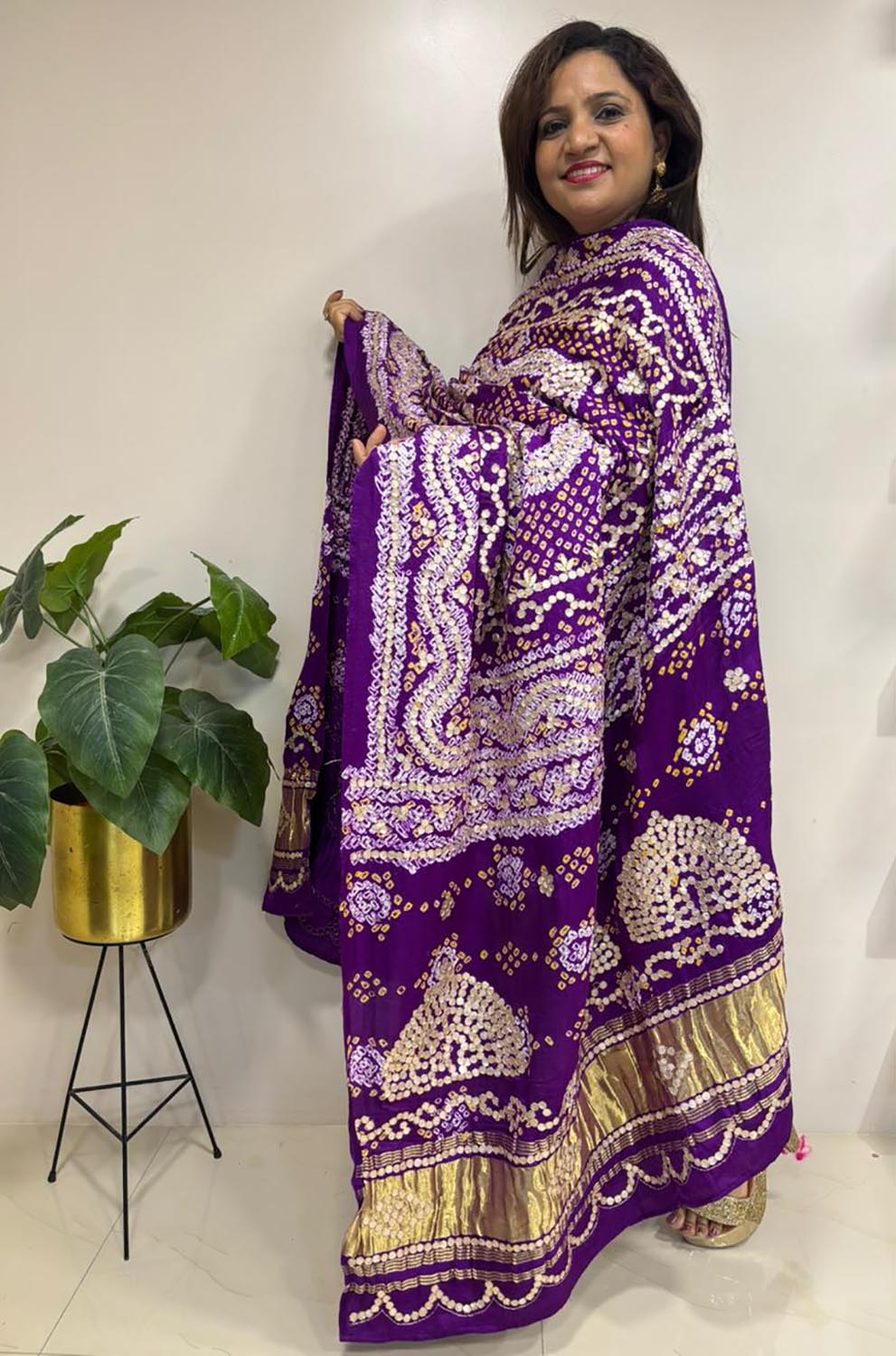 Elegant Purple Bandhani Gota Work Pure Gajji Silk Dupatta - Luxurion World