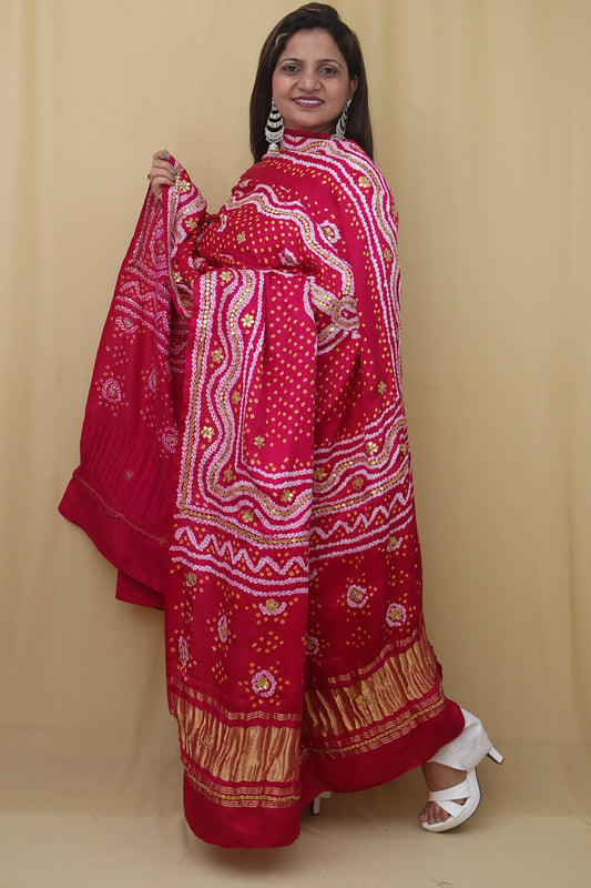 Stunning Pink Bandhani Gota Work Dupatta in Pure Gajji Silk - Luxurion World
