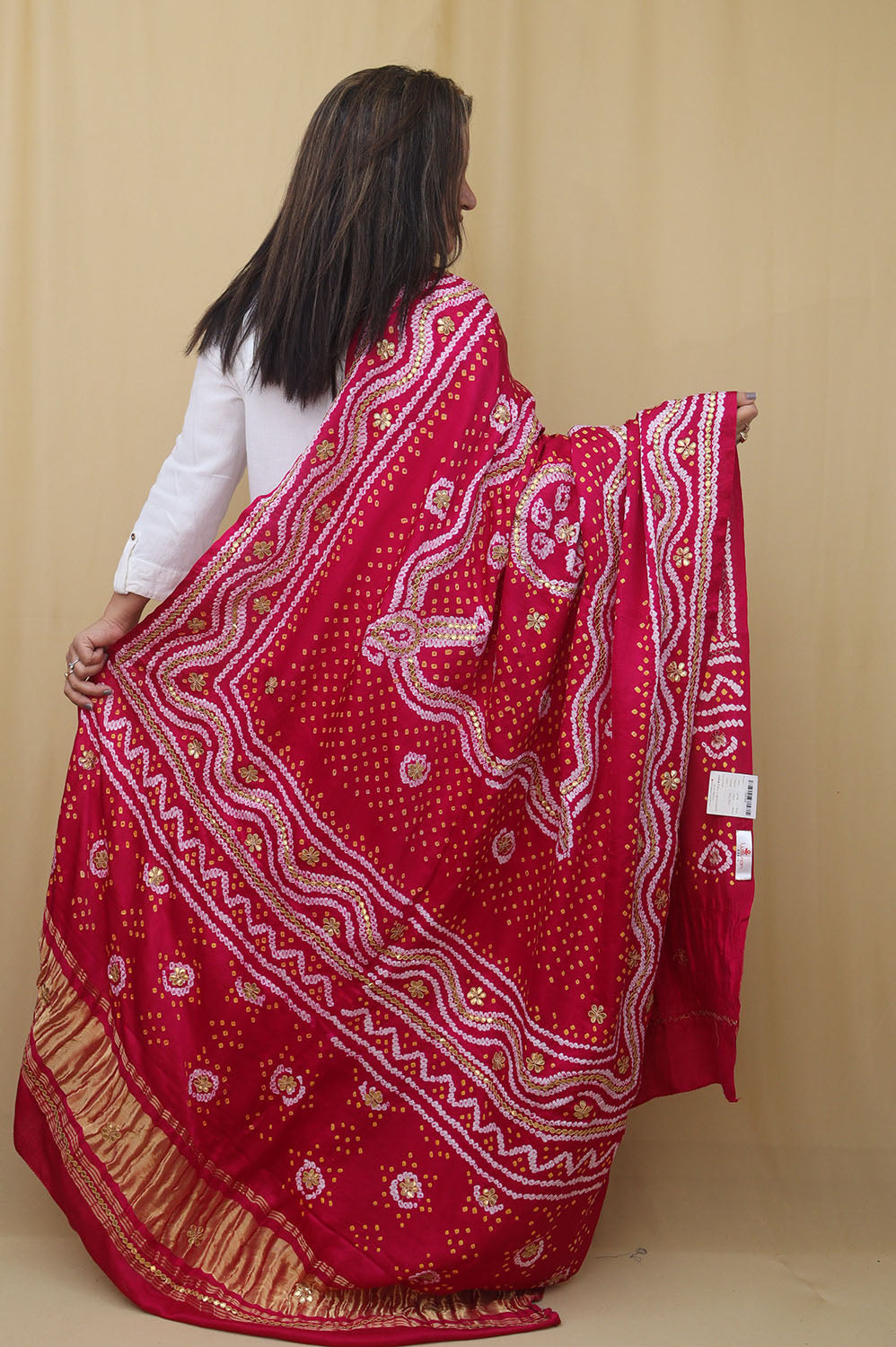 Stunning Pink Bandhani Gota Work Dupatta in Pure Gajji Silk - Luxurion World