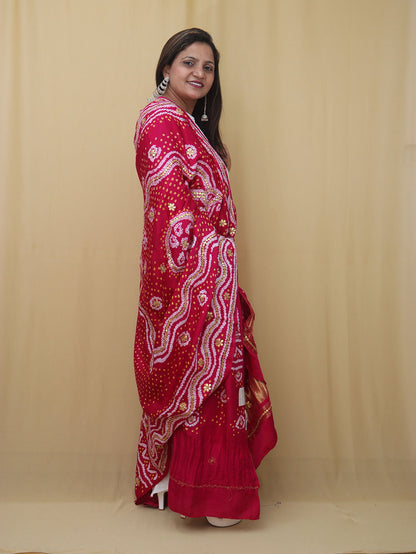 Stunning Pink Bandhani Gota Work Dupatta in Pure Gajji Silk