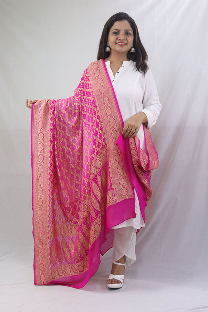 Stunning Pink Banarasi Bandhani Georgette Dupatta with Neemzari Border - Luxurion World