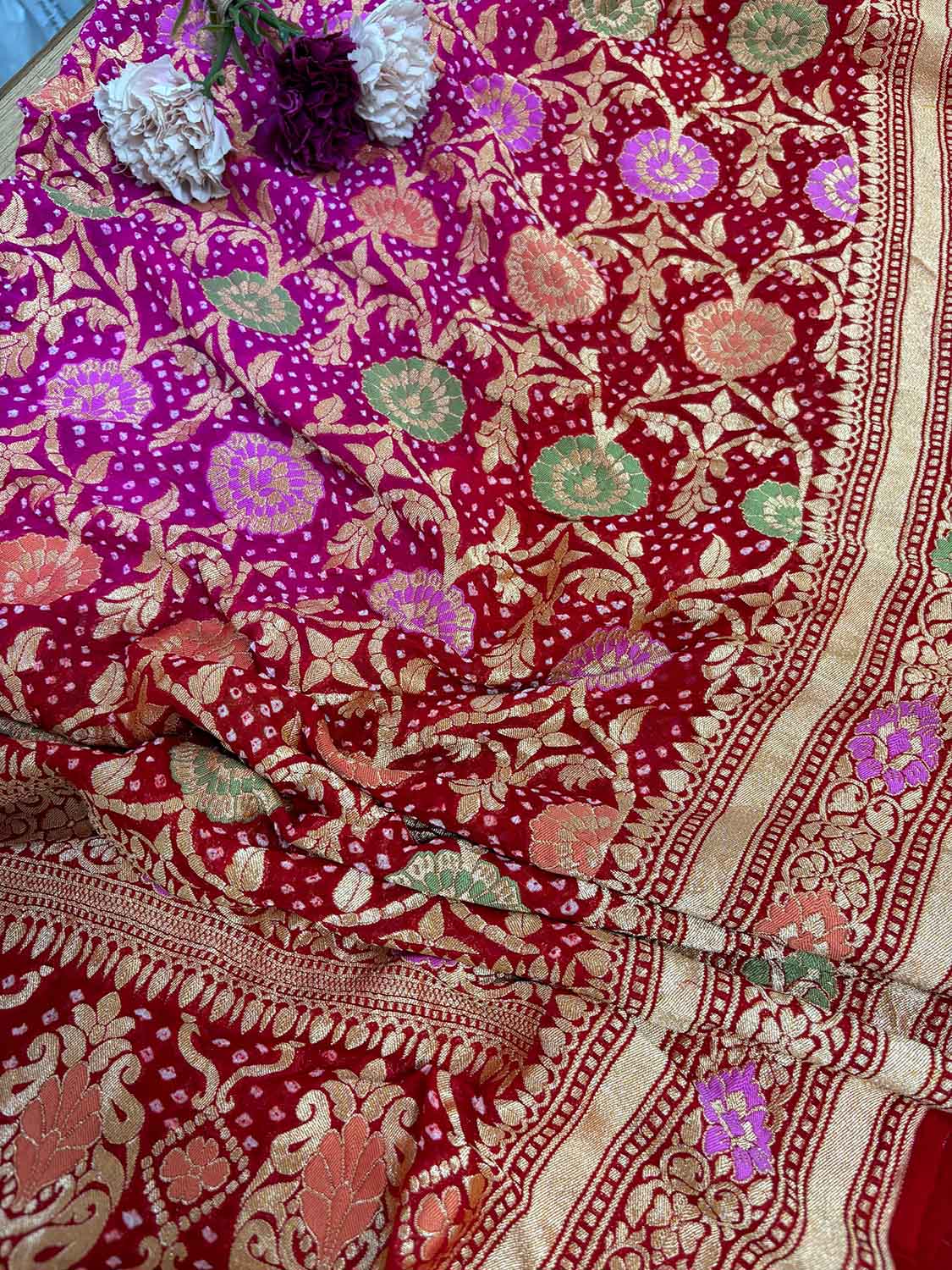 Stunning Red Banarasi Bandhani Pure Georgette Dupatta - Luxurion World