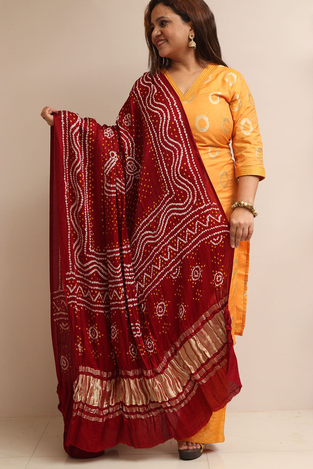 Maroon Bandhani Gajji Silk Dupatta - Elegant Ethnic Wear - Luxurion World