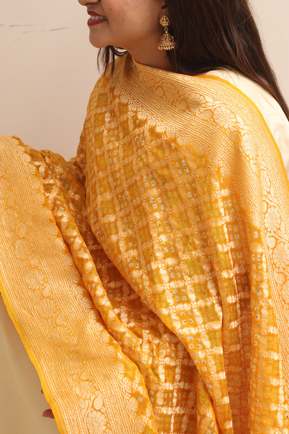 Yellow Banarasi Bandhani Pure Georgette Dupatta - Luxurion World