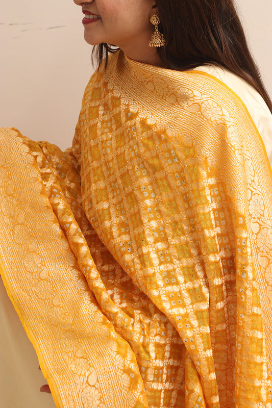 Yellow Banarasi Bandhani Pure Georgette Dupatta - Luxurion World