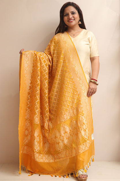 Yellow Banarasi Bandhani Pure Georgette Dupatta - Luxurion World