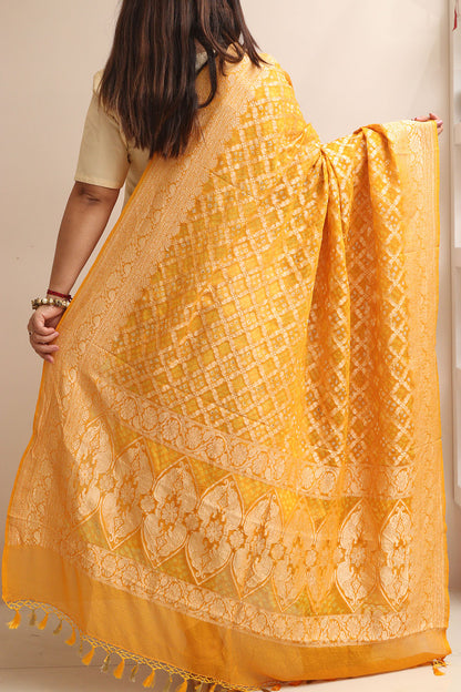 Yellow Banarasi Bandhani Pure Georgette Dupatta - Luxurion World