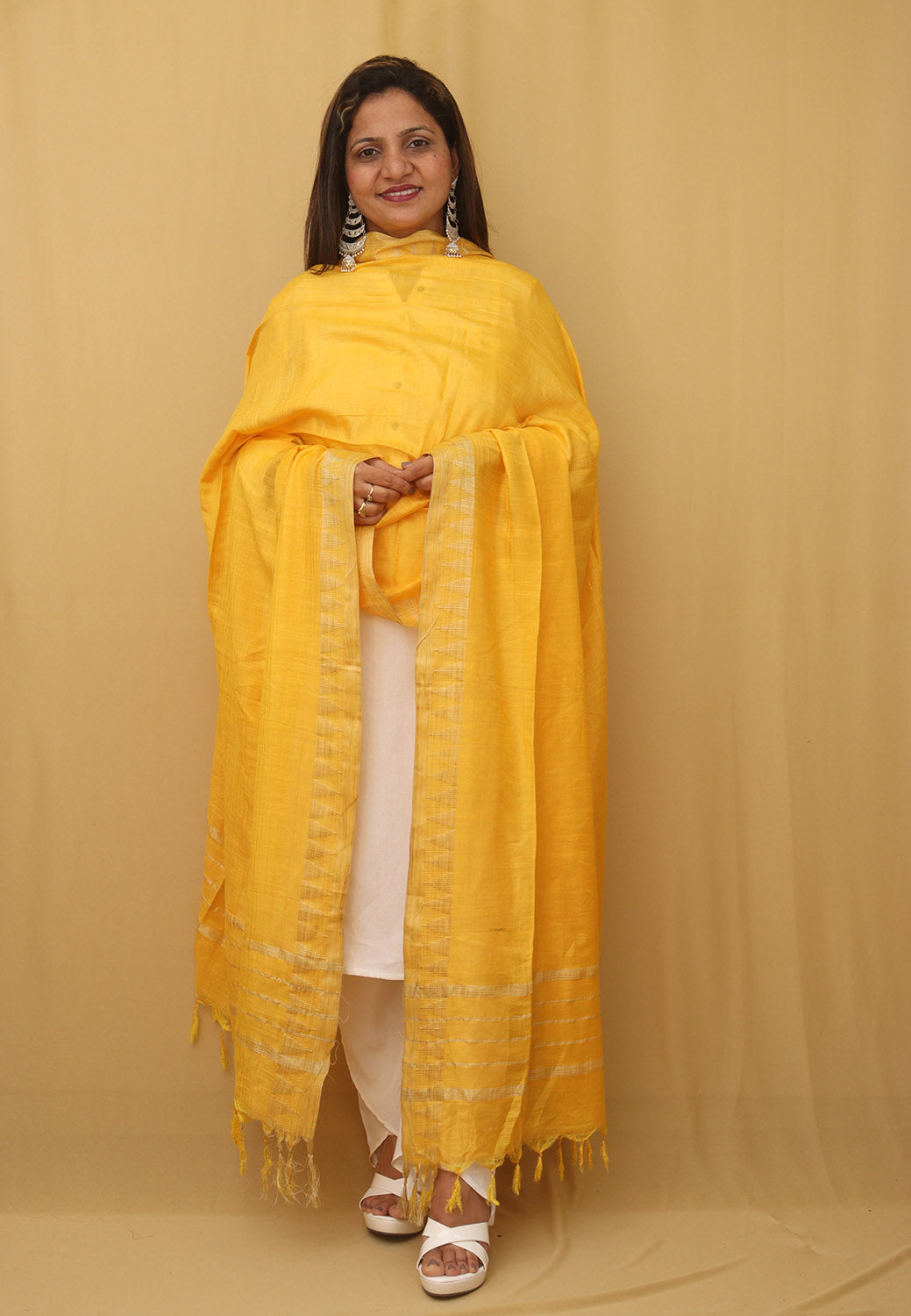 Stunning Yellow Bhagalpur Kota Cotton Dupatta with Temple Design - Luxurion World