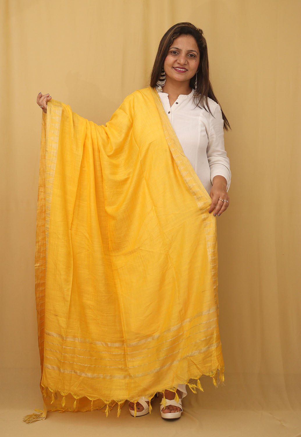 Stunning Yellow Bhagalpur Kota Cotton Dupatta with Temple Design - Luxurion World
