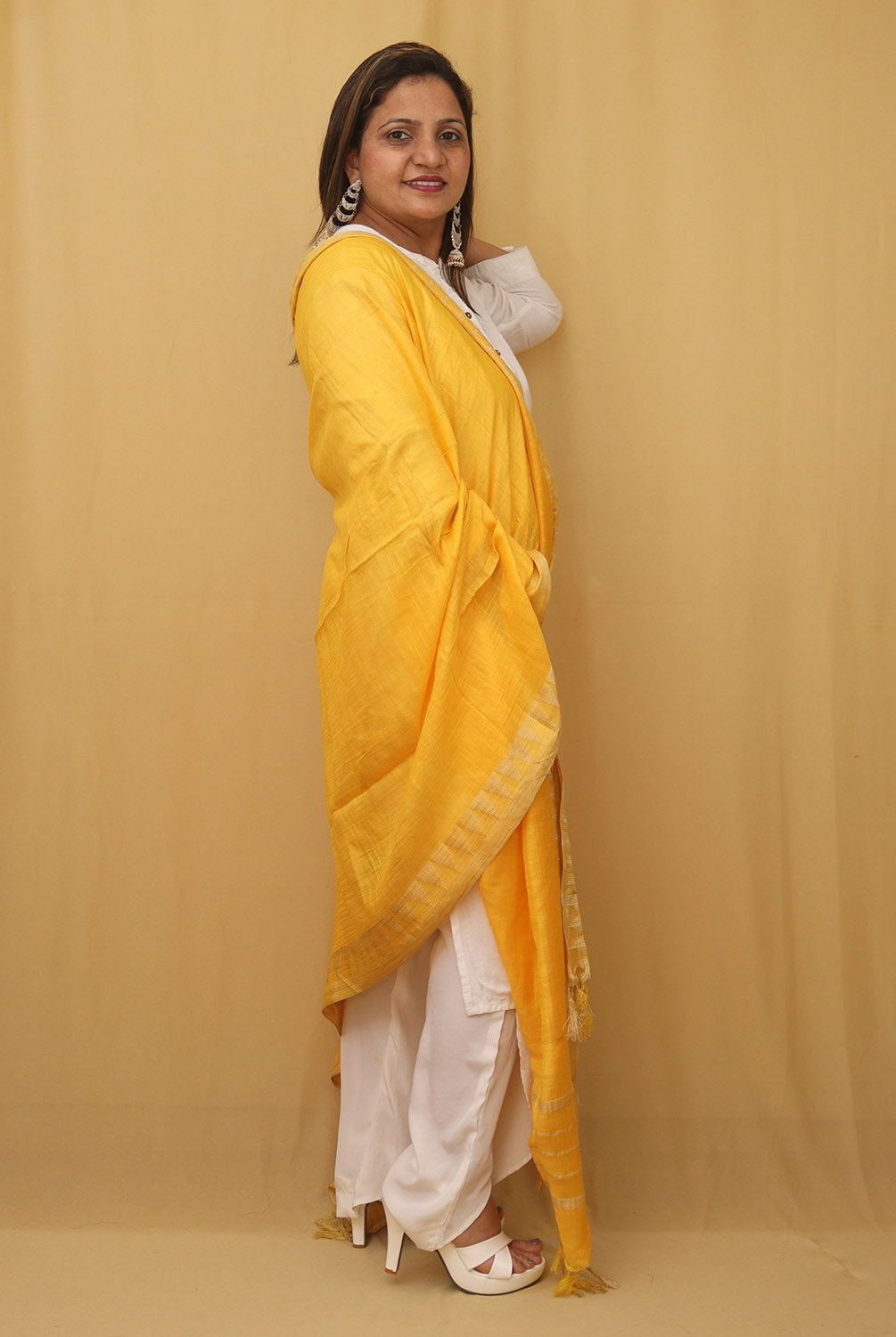 Stunning Yellow Bhagalpur Kota Cotton Dupatta with Temple Design - Luxurion World
