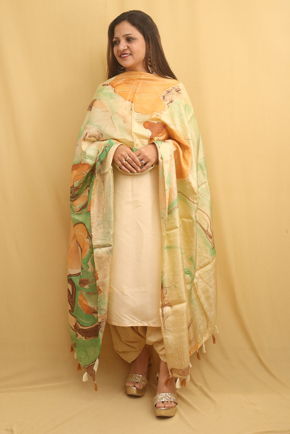 Multicolor Marble Print Hand Dye Banana Silk Dupatta - Luxurion World