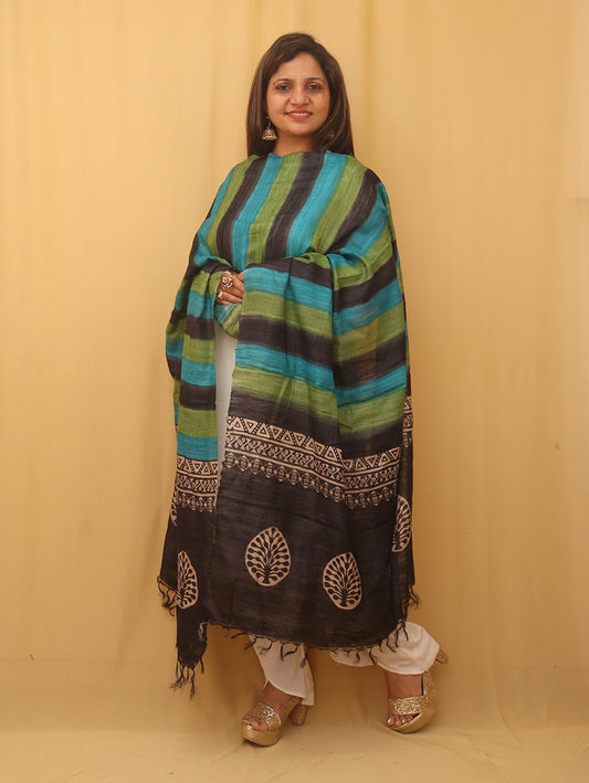 Multicolor Block Printed Tussar Ghicha Silk Dupatta - Luxurion World