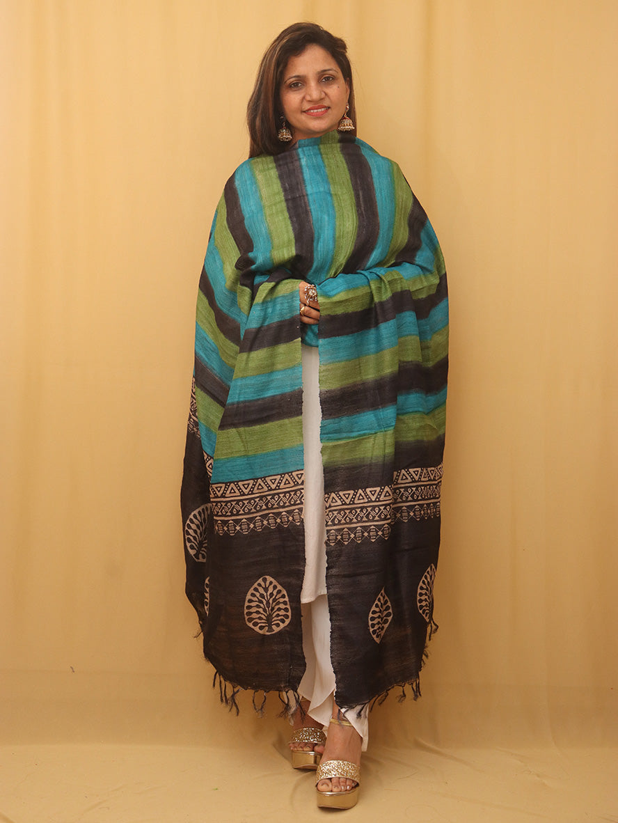 Multicolor Block Printed Tussar Ghicha Silk Dupatta - Luxurion World