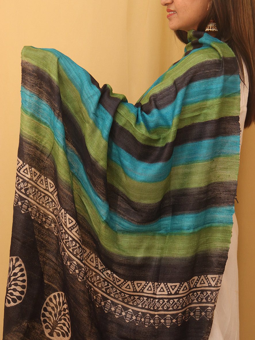 Multicolor Block Printed Tussar Ghicha Silk Dupatta - Luxurion World
