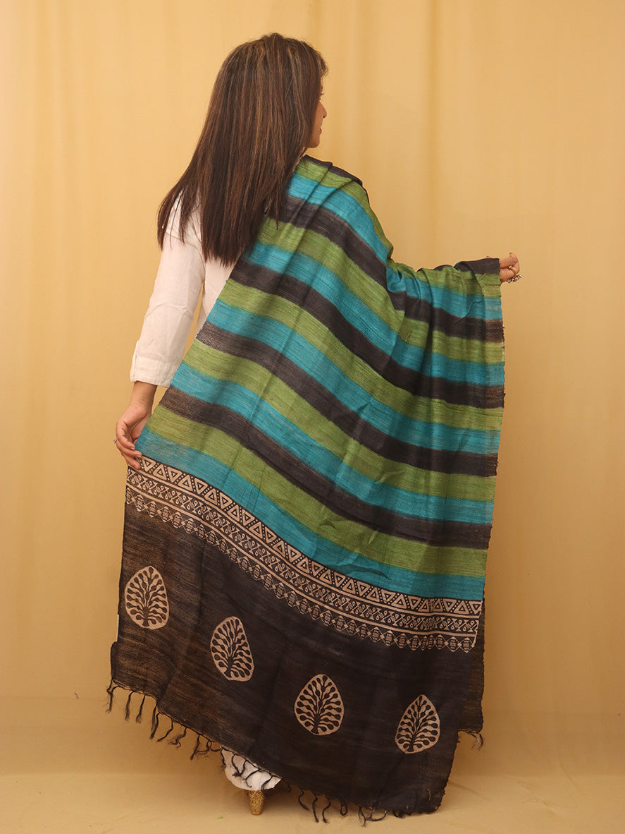 Multicolor Block Printed Tussar Ghicha Silk Dupatta - Luxurion World
