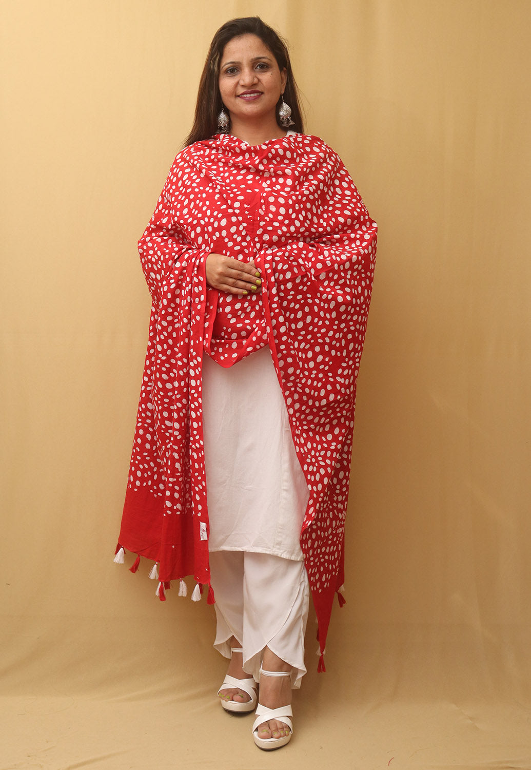 Red And White Batik Printed Cotton Dupatta - Luxurion World
