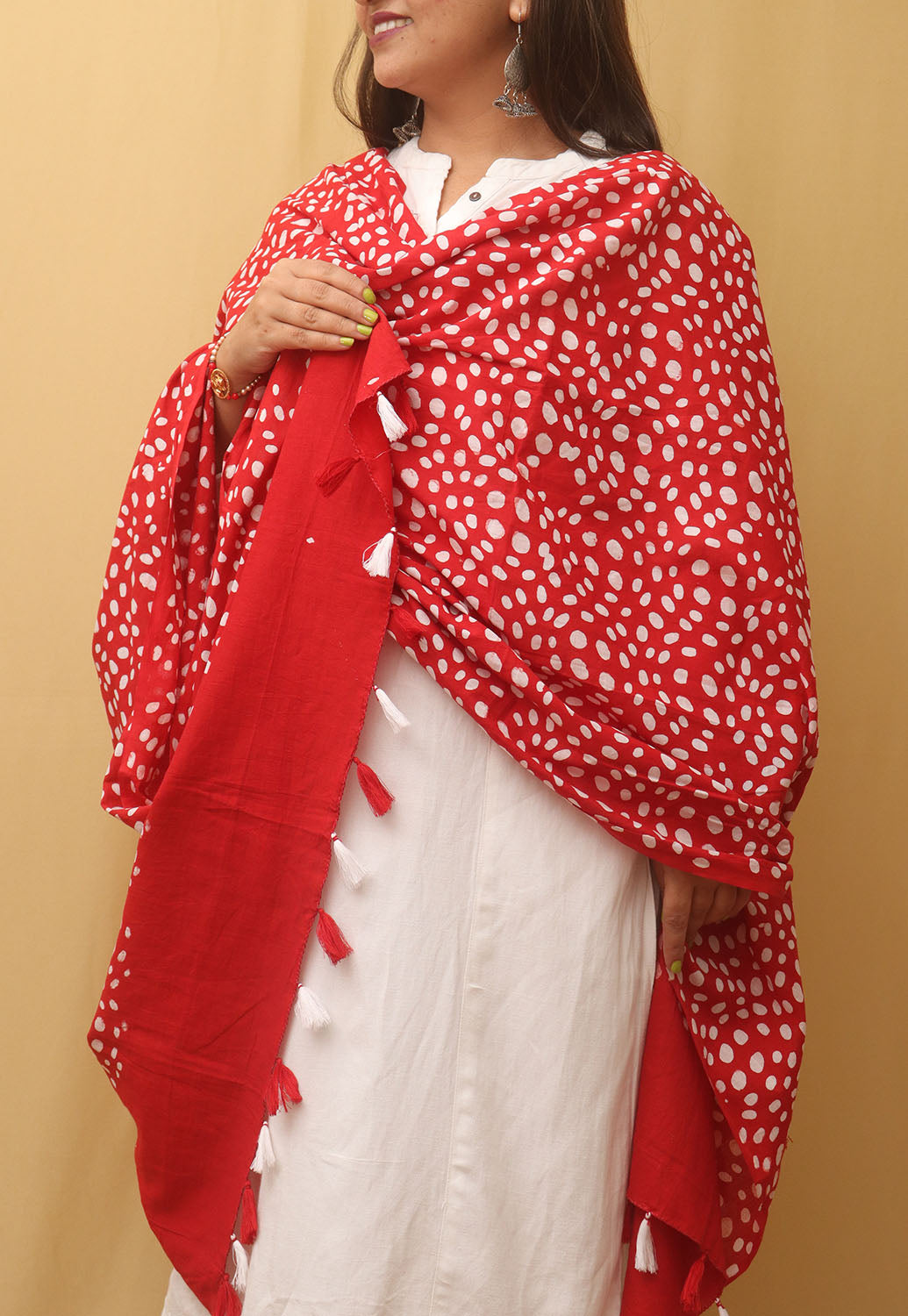 Red And White Batik Printed Cotton Dupatta - Luxurion World