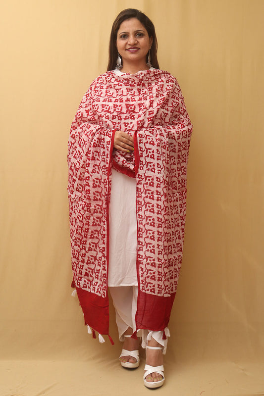 Red And White Batik Printed Cotton Dupatta - Luxurion World
