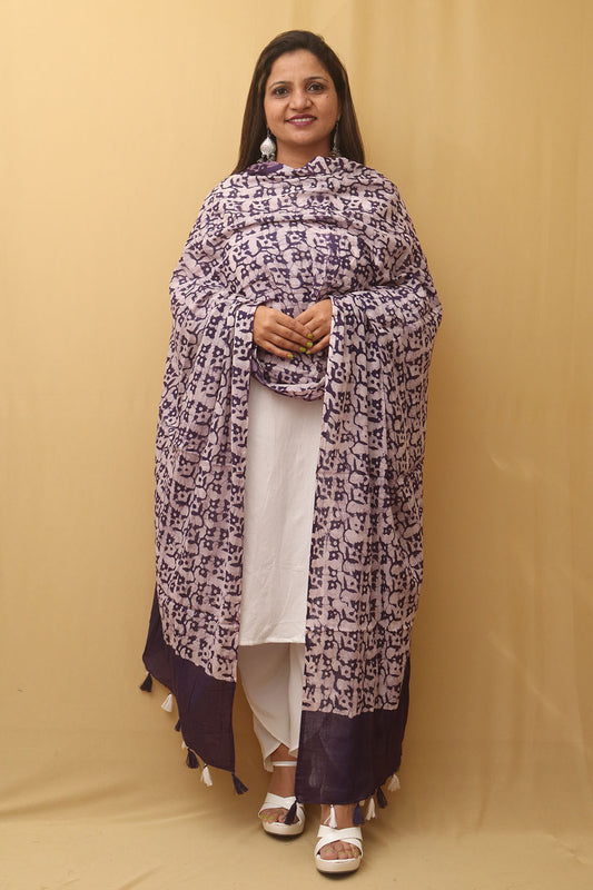 Purple And White Batik Printed Cotton Dupatta - Luxurion World