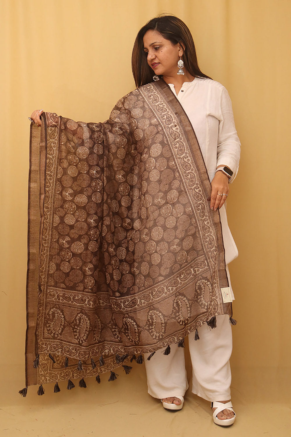 Brown Block Printed Chanderi Silk Dupatta - Luxurion World