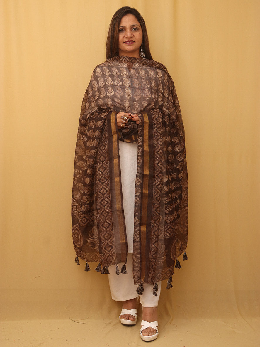 Brown Block Printed Chanderi Silk Dupatta - Luxurion World