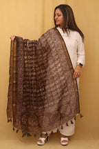 Brown Block Printed Chanderi Silk Dupatta - Luxurion World