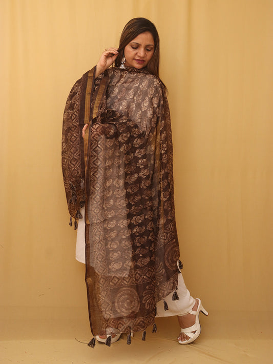 Brown Block Printed Chanderi Silk Dupatta - Luxurion World