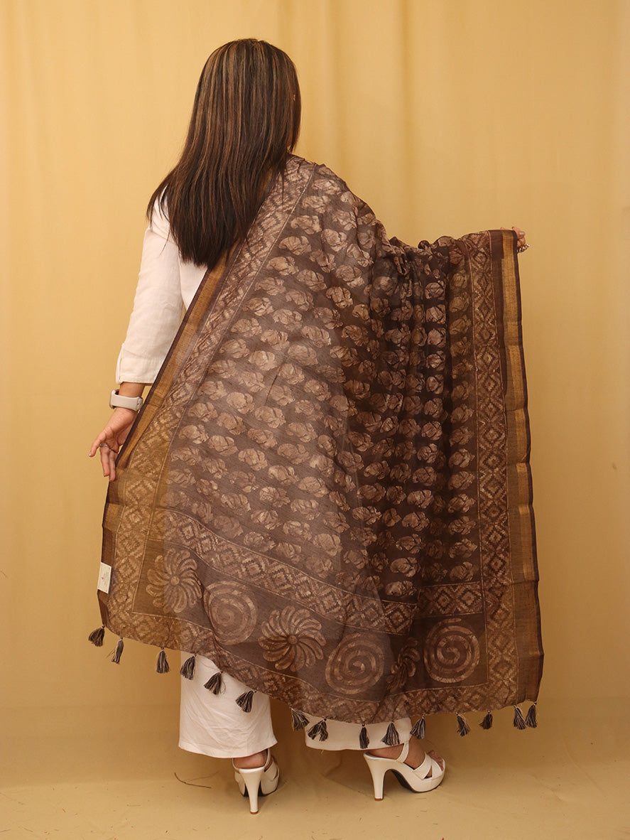 Brown Block Printed Chanderi Silk Dupatta - Luxurion World