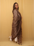 Brown Block Printed Chanderi Silk Dupatta - Luxurion World