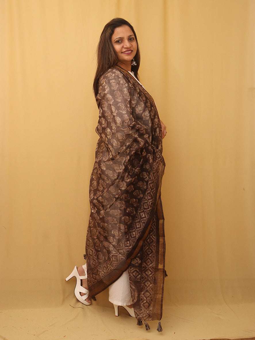 Brown Block Printed Chanderi Silk Dupatta - Luxurion World