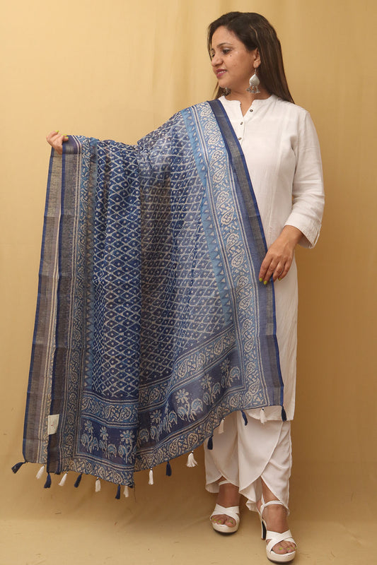 Blue Block Printed Chanderi Silk Dupatta - Luxurion World