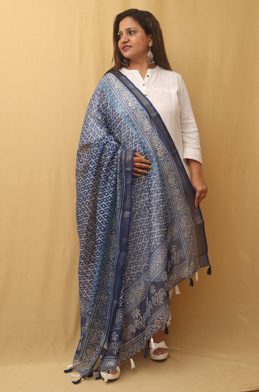 Blue Block Printed Chanderi Silk Dupatta - Luxurion World