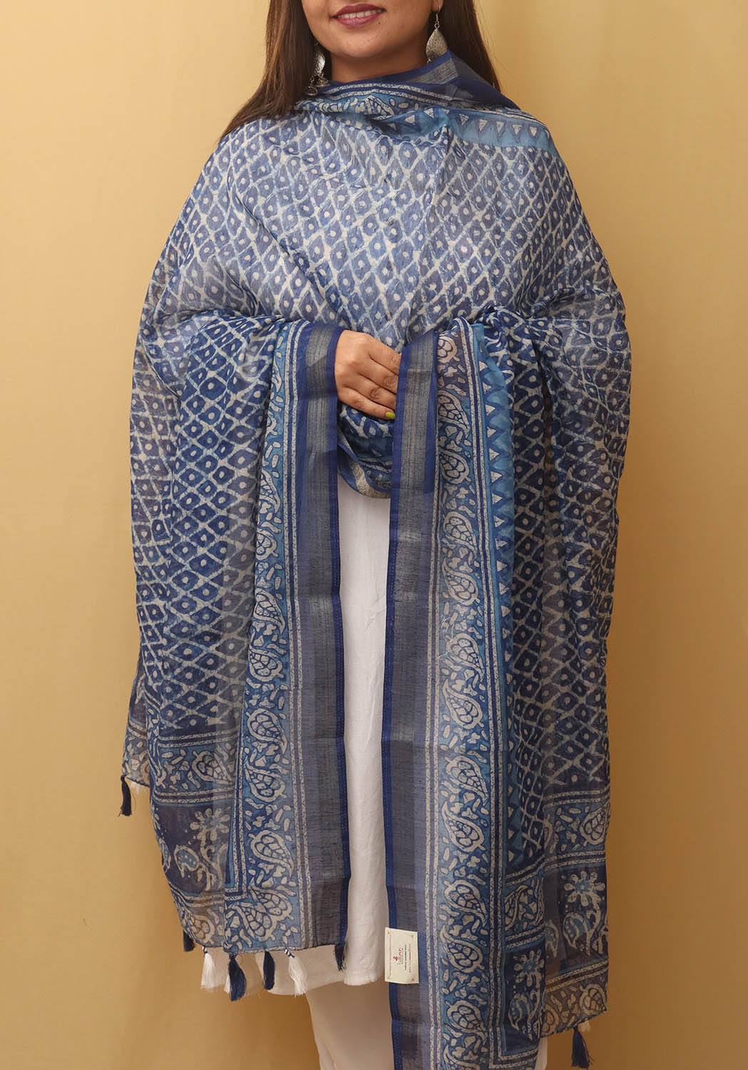 Blue Block Printed Chanderi Silk Dupatta - Luxurion World