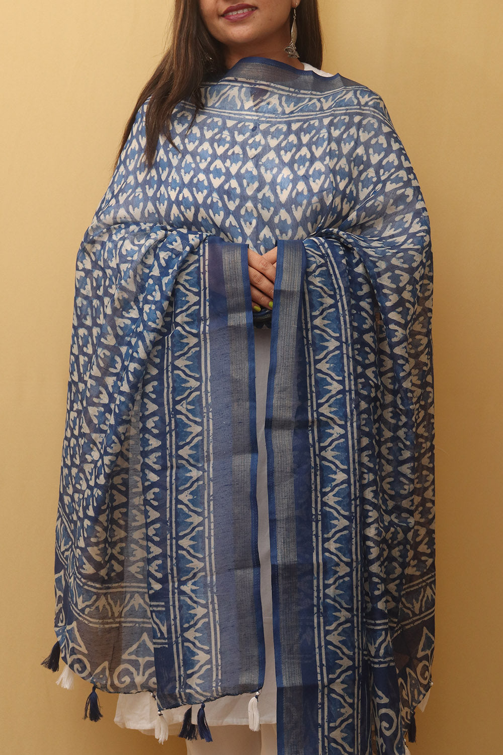 Blue Block Printed Chanderi Silk Dupatta - Luxurion World