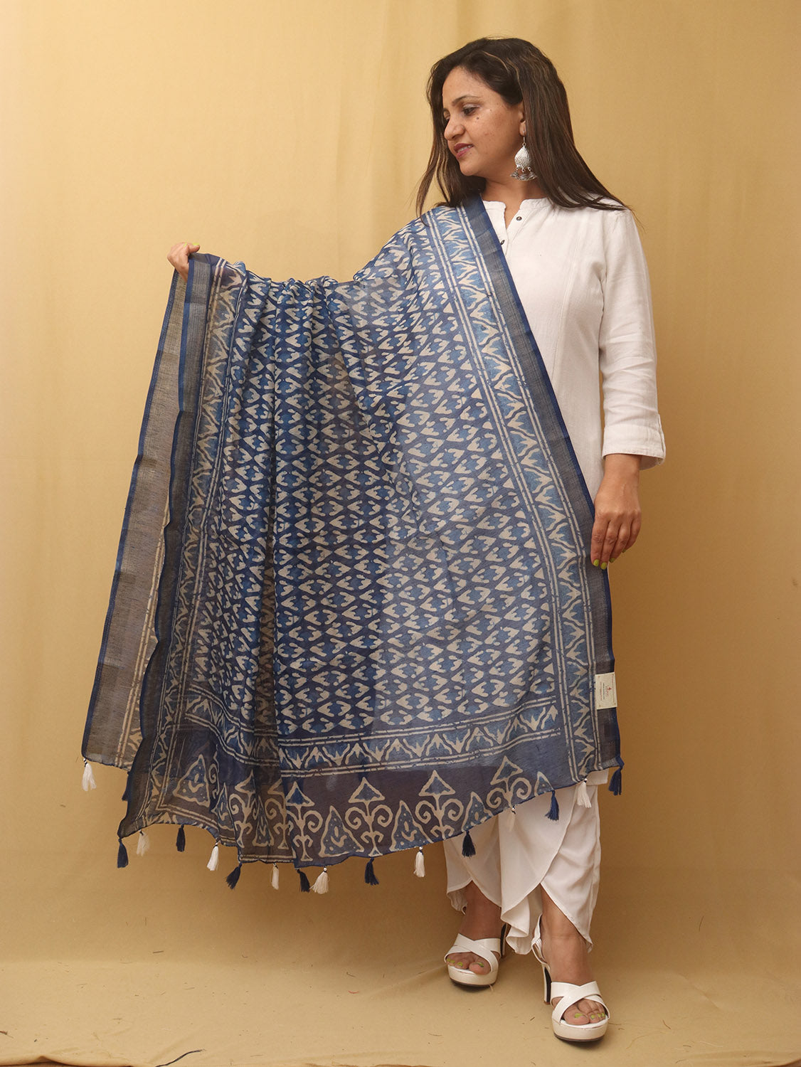 Blue Block Printed Chanderi Silk Dupatta - Luxurion World